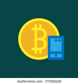 Bitcoin logo sign icon for internet money. Crypto currency coin symbol for using in web projects or mobile applications. with mobile application illustration.