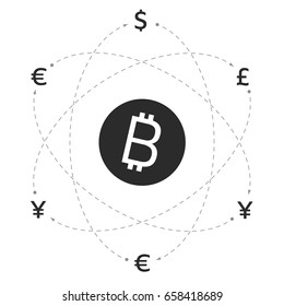 Bitcoin logo and signs of other currencies with exchange lines. Bitcoin remittance. Editable eps10 Vector. Transparent background.