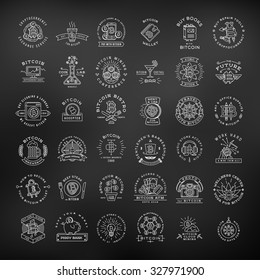Bitcoin logo templates set. Cryptocurrency badge collection. Digital money labels. Outline coin vector design on black background