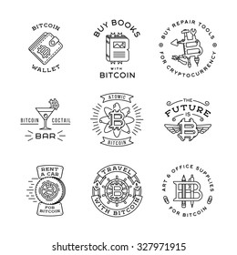 Bitcoin logo templates set. Cryptocurrency badge collection. Digital money icons. Outline coin vector design