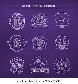 Bitcoin logo templates set. Cryptocurrency badge collection. Digital money icons. Outline coin vector design on violet background