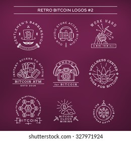 Bitcoin logo templates set. Cryptocurrency badge collection. Digital money icons. Outline coin vector design on purple background