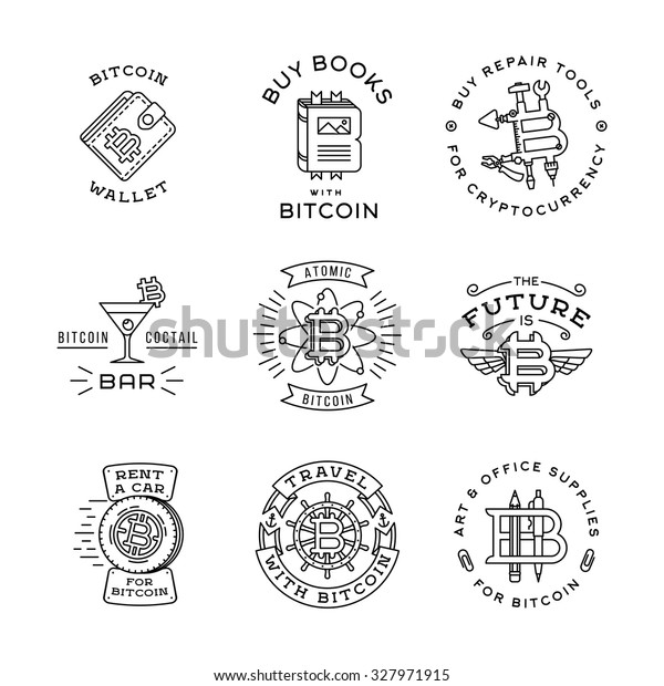 Bitcoin logo templates\
set. Cryptocurrency badge collection. Digital money icons. Outline\
coin vector design