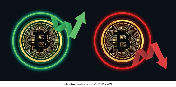 Bitcoin logo token in bullish or bearish market trend in crypto currency exchange. Green up or red down arrow. Neon circle. Cryptocurrency BTC coin price illustration. Bitcoin crash or boom. Vector