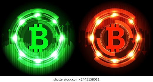 Bitcoin logo token and icon indicates the bullish or bearish market trend in the cryptocurrency exchange. Green up increase or red down decline arrow with the neon circle. Bitcoin rise or fall concept