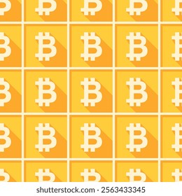 Bitcoin long shadow white square icons on yellow checkered background. Vector seamless pattern.