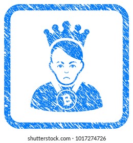 Bitcoin Lord rubber seal stamp imitation. Icon vector symbol with grunge design and unclean texture in rounded square. Scratched blue stamp imitation on a white background.