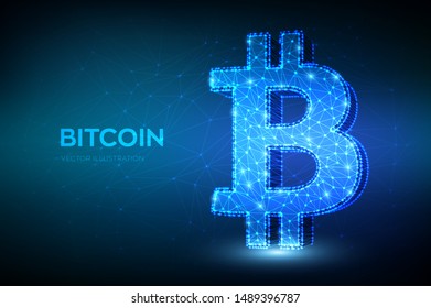 Bitcoin. Low poly abstract mesh line and point Bitcoin sign. Crypto currency, virtual electronic, internet money. Payment symbol. Cryptocurrency e-commerce concept. 3D polygonal vector illustration.