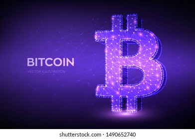 Bitcoin. Low poly abstract mesh line and point Bitcoin sign. Crypto currency, virtual electronic, internet money. Payment symbol. Cryptocurrency e-commerce concept. 3D polygonal vector illustration.