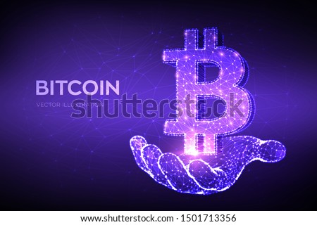 Bitcoin. Low poly abstract mesh line and point Bitcoin sign in hand. Crypto currency, virtual electronic, internet money. Payment symbol. Cryptocurrency concept. 3D polygonal vector illustration.