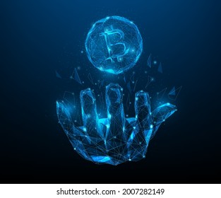 bitcoin low poly wireframe. cryptocurrency with hand points, lines. business and finance money digital.  isolated on blue dark background. vector illustration in fantastic technology design.