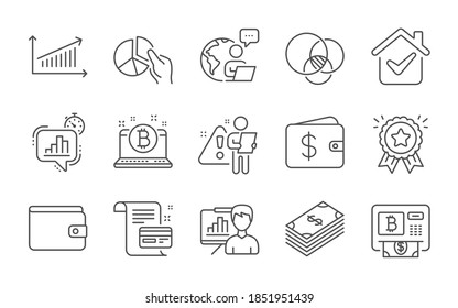 Bitcoin, Loyalty award and Statistics timer line icons set. Money wallet, Dollar and Chart signs. Pie chart, Dollar wallet and Presentation board symbols. Line icons set. Vector