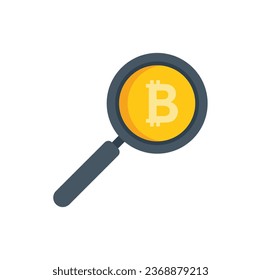 Bitcoin magnifier icon flat vector. Crypto money. Marketing education isolated