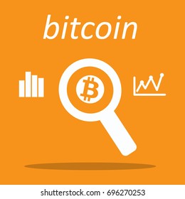Bitcoin in magnifying glass with graphics