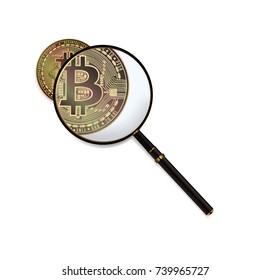Bitcoin And Magnifying Glass Vector. Cryptocurrency Business Concept. Isolated Illustration