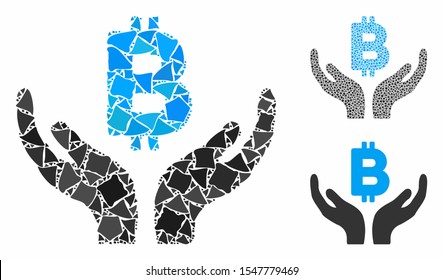 Bitcoin maintenance hands composition of tuberous elements in variable sizes and color hues, based on Bitcoin maintenance hands icon. Vector ragged pieces are composed into composition.