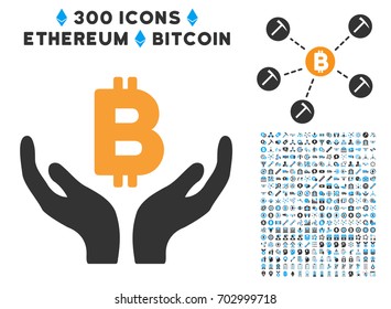 Bitcoin Maintenance Hands icon with 300 blockchain, bitcoin, ethereum, smart contract pictograms. Vector clip art style is flat iconic symbols.