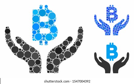 Bitcoin maintenance hands mosaic of filled circles in variable sizes and shades, based on Bitcoin maintenance hands icon. Vector random circles are organized into blue illustration.