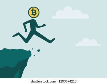 bitcoin man jumps of cliff, bitcoin value drop concept 