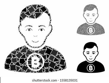 Bitcoin man mosaic of tremulant elements in various sizes and color hues, based on Bitcoin man icon. Vector tremulant elements are combined into collage. Bitcoin man icons collage with dotted pattern.