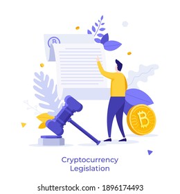 Bitcoin, man reading document and gavel. Concept of cryptocurrency legislation, legal regulation of crypto or digital currency, blockchain law. Modern flat vector illustration for poster, banner.