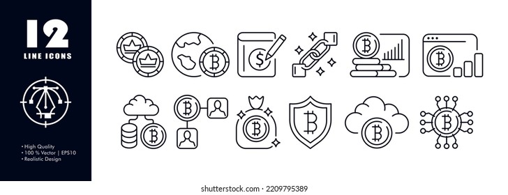 Bitcoin management set icon. Investment, exchange, trade, worldwide, accounting, blockchain, analytics, cloud technology, money bag, hack protection. Business concept. Vector line icon for Advertising