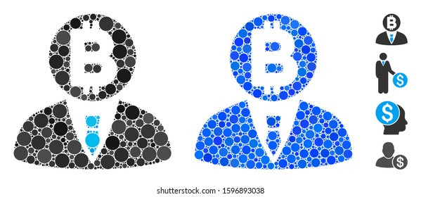 Bitcoin manager composition of filled circles in various sizes and color tones, based on Bitcoin manager icon. Vector filled circles are composed into blue composition.