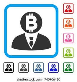 Bitcoin Manager icon. Flat grey iconic symbol in a light blue rounded rectangle. Black, gray, green, blue, red, orange color additional versions of Bitcoin Manager vector. Designed for web and app UI.