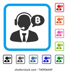 Bitcoin Manager Message icon. Flat grey pictogram symbol in a light blue rounded rectangular frame. Black, gray, green, blue, red, orange color versions of Bitcoin Manager Message vector.