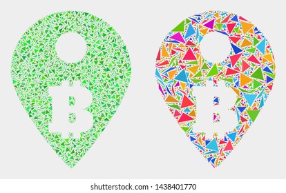 Bitcoin map marker collage icon of triangle elements which have variable sizes and shapes and colors. Geometric abstract vector illustration of bitcoin map marker.