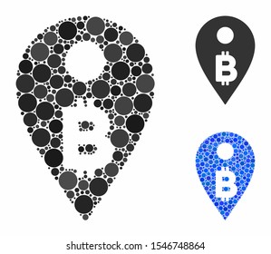 Bitcoin map marker composition of round dots in variable sizes and color tinges, based on Bitcoin map marker icon. Vector round dots are organized into blue collage.