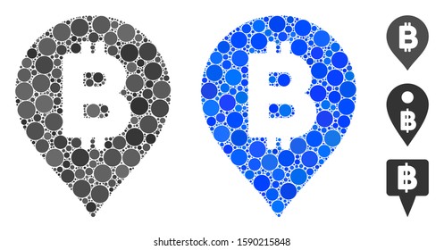 Bitcoin map marker composition of small circles in various sizes and color tinges, based on Bitcoin map marker icon. Vector small circles are united into blue composition.