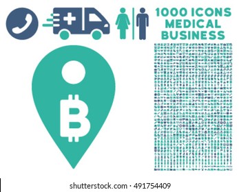 Bitcoin Map Marker icon with 1000 medical business cobalt and cyan vector design elements. Collection style is flat bicolor symbols, white background.