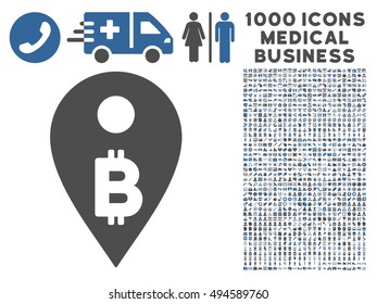 Bitcoin Map Marker icon with 1000 medical business cobalt and gray vector design elements. Set style is flat bicolor symbols, white background.