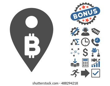 Bitcoin Map Marker icon with bonus pictograph collection. Vector illustration style is flat iconic bicolor symbols, cobalt and gray colors, white background.