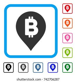 Bitcoin Map Marker icon. Flat gray pictogram symbol inside a light blue rounded frame. Black, gray, green, blue, red, orange color variants of Bitcoin Map Marker vector.