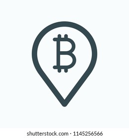 Bitcoin map pin, bitcoin map location marker vector icon