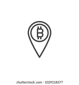 Bitcoin map pin outline icon. linear style sign for mobile concept and web design. Cryptocurrency location simple line vector icon. Symbol, logo illustration. Pixel perfect vector graphics