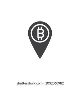 Bitcoin map pin vector icon. filled flat sign for mobile concept and web design. Cryptocurrency location simple solid icon. Symbol, logo illustration. Pixel perfect vector graphics