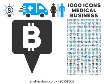 Bitcoin Map Pointer icon with 1000 medical business gray and blue vector pictographs. Clipart style is flat bicolor symbols, white background.