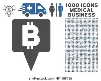 Bitcoin Map Pointer icon with 1000 medical commerce cobalt and gray vector design elements. Design style is flat bicolor symbols, white background.