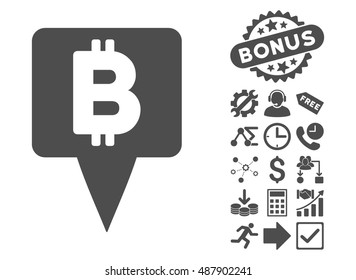 Bitcoin Map Pointer icon with bonus pictures. Vector illustration style is flat iconic symbols, gray color, white background.