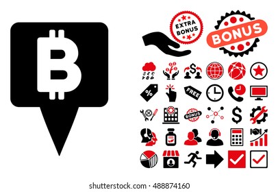 Bitcoin Map Pointer icon with bonus clip art. Vector illustration style is flat iconic bicolor symbols, intensive red and black colors, white background.