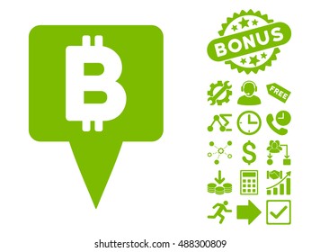 Bitcoin Map Pointer pictograph with bonus clip art. Vector illustration style is flat iconic symbols, eco green color, white background.