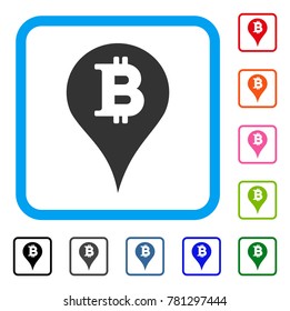 Bitcoin Marker icon. Flat gray iconic symbol in a blue rounded rectangular frame. Black, gray, green, blue, red, orange color versions of Bitcoin Marker vector. Designed for web and app UI.