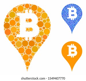 Bitcoin marker mosaic of filled circles in different sizes and color tints, based on Bitcoin marker icon. Vector random circles are organized into blue mosaic.