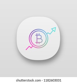 Bitcoin market growth chart app icon. UI/UX user interface. Cryptocurrency prices rising. Statistics diagram with bitcoin sign. Web or mobile application. Vector isolated illustration