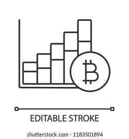 Bitcoin market growth chart linear icon. Cryptocurrency prices rising. Contour symbol. Statistics diagram with bitcoin sign. Thin line illustration. Vector isolated outline drawing. Editable stroke
