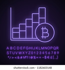 Bitcoin market growth chart neon light icon. Cryptocurrency prices rising. Statistics diagram with bitcoin sign. Glowing sign with alphabet, numbers and symbols. Vector isolated illustration