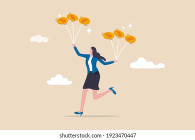 Bitcoin market risk, volatility and danger crypto currency price, challenge to success in bitcoin investment concept, smart businesswoman performing plates spinning with shiny bitcoin physical coins.